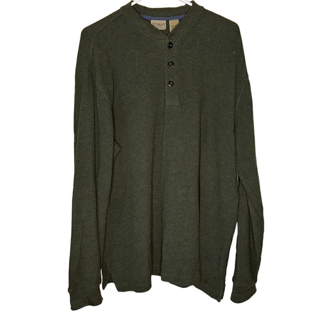 L.L.Bean Men's Henley Shirt S Long Sleeve Forest Green Cotton Blend Ribbed Cuff
